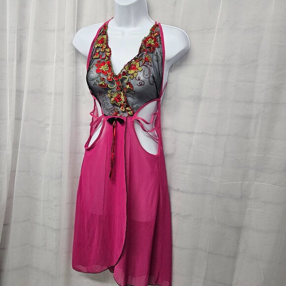 Y2K Pink Sheer Dress Whimsigoth Fairy Lace Floral Mesh Embroidered S - Picture 5 of 8